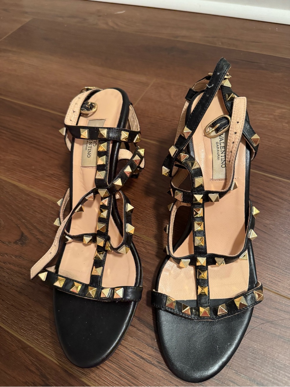 Valentino Garavani Black Leather Studded T-Strap Sandals